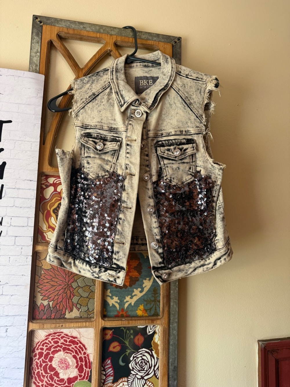 BKE Acid-Wash Denim Vest with Black Sequin Detail